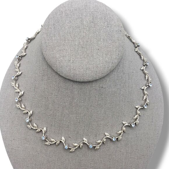 Silver Tone Leaf Vine Link Blue Rhinestone Collar Necklace Nice 18KTCH MCM Retro - Picture 11 of 11